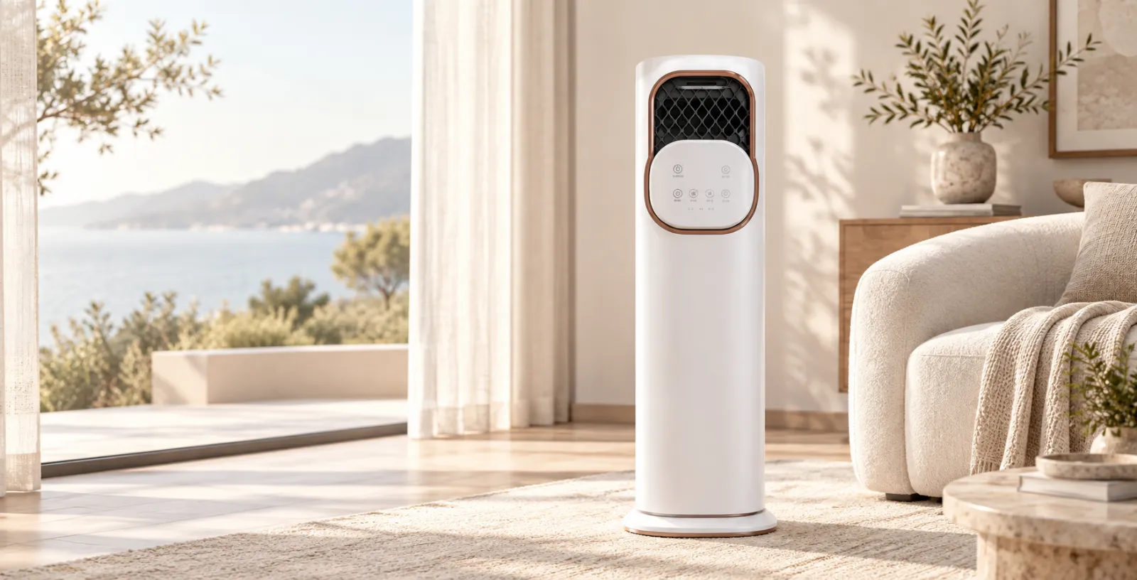 KALIMAK 4-in-1 Personal Climate Tower in a warm luxury living room.